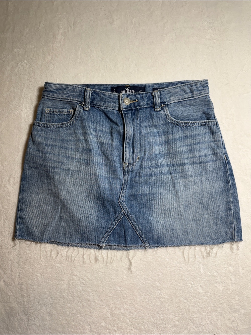 Hollister Faded Blue Denim Mini Skirt with Frayed Hem